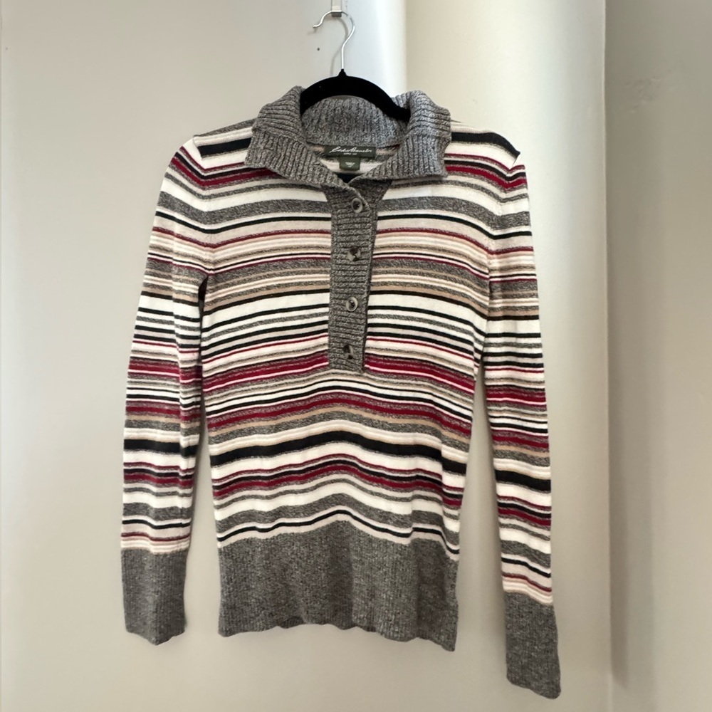 Eddie Bauer Striped Henley Sweater XS Retro Y2K Preppy Knit Long Sleeve Top